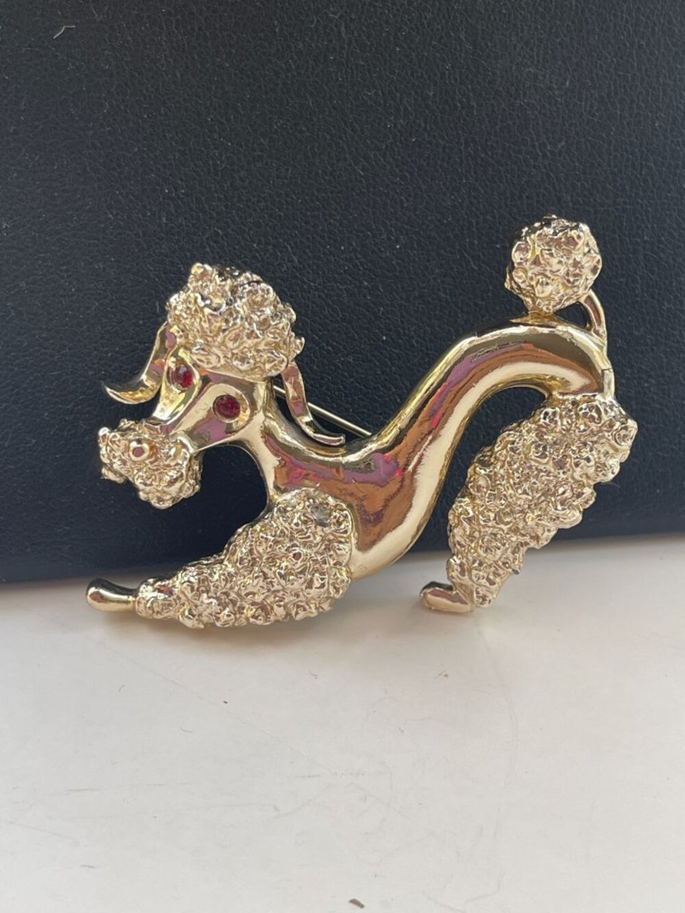 Vintage Gerrys French Poodle Brooch Gold-Tone With Red Glass Eyes Elegant Retro